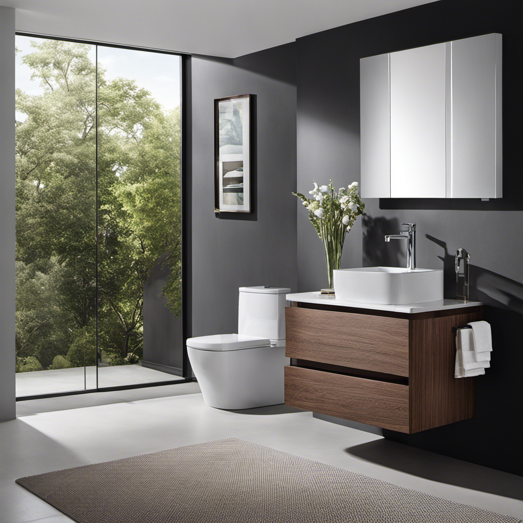 An image that showcases a sleek, modern bathroom with a Watersense toilet at its center
