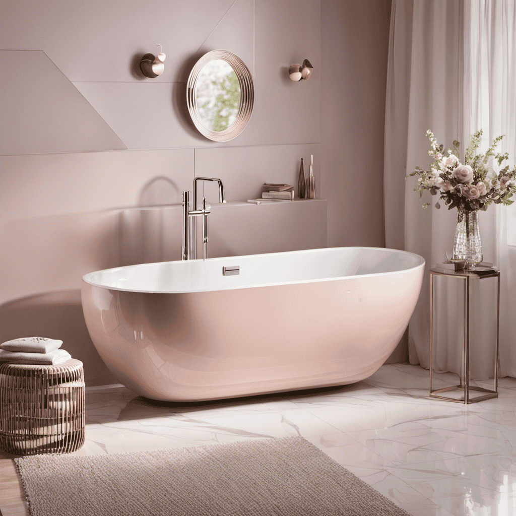 An image showcasing a glossy, modern acrylic bathtub with clean lines and a smooth surface, complemented by a sleek, chrome-finished faucet and a serene backdrop of soft, pastel-colored bathroom tiles