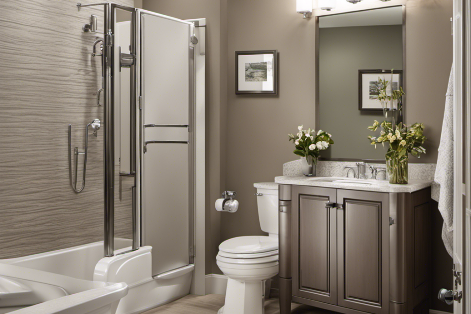 An image showcasing a spacious bathroom with a toilet featuring grab bars, raised seat height, and ample maneuvering space around it