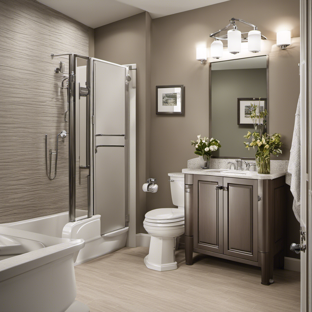 An image showcasing a spacious bathroom with a toilet featuring grab bars, raised seat height, and ample maneuvering space around it