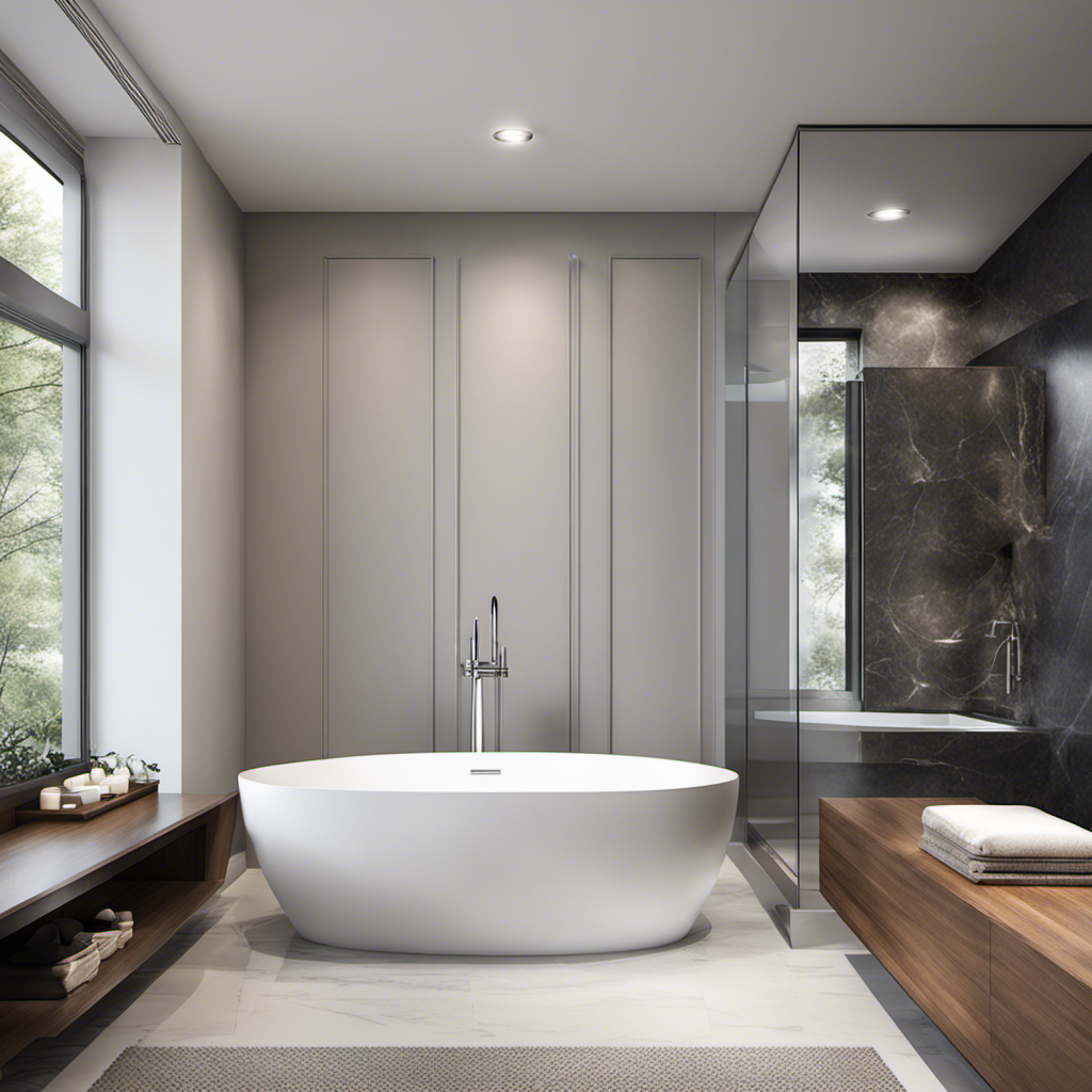 An image showcasing a sleek, glossy, and seamless acrylic bathtub in a modern bathroom setting