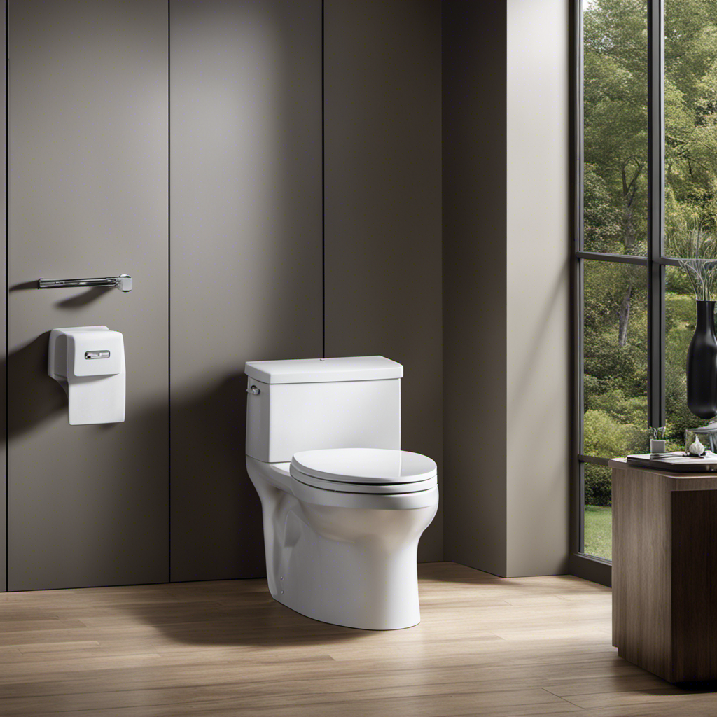An image that captures the essence of an ADA compliant toilet, showcasing its spacious dimensions, grab bars strategically placed for support, a raised seat, and a flush control mechanism within reach