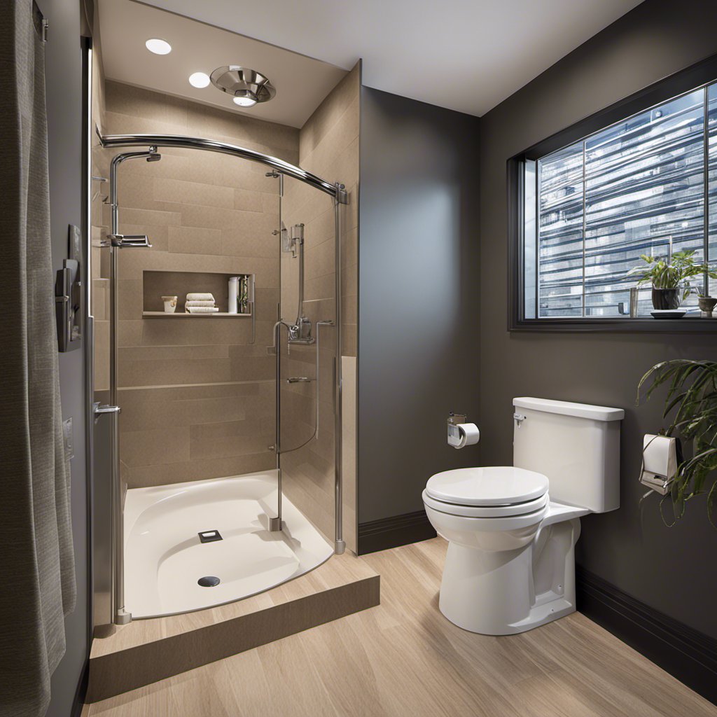 An image showcasing an ADA-compliant toilet, featuring a raised seat height, grab bars on either side, a spacious stall, and a wheelchair-accessible layout, emphasizing inclusivity and ease of use