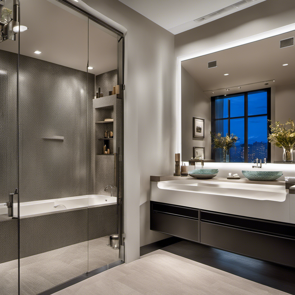 An image of a spacious bathroom with a sleek, rectangular alcove bathtub nestled between two walls