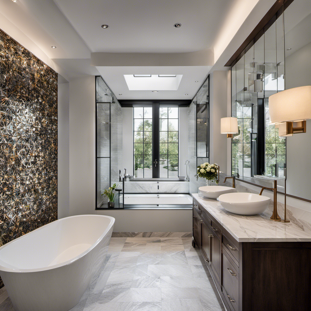 An image showcasing a modern bathroom with an alcove bathtub nestled between three walls, adorned with sleek fixtures and surrounded by decorative tiles