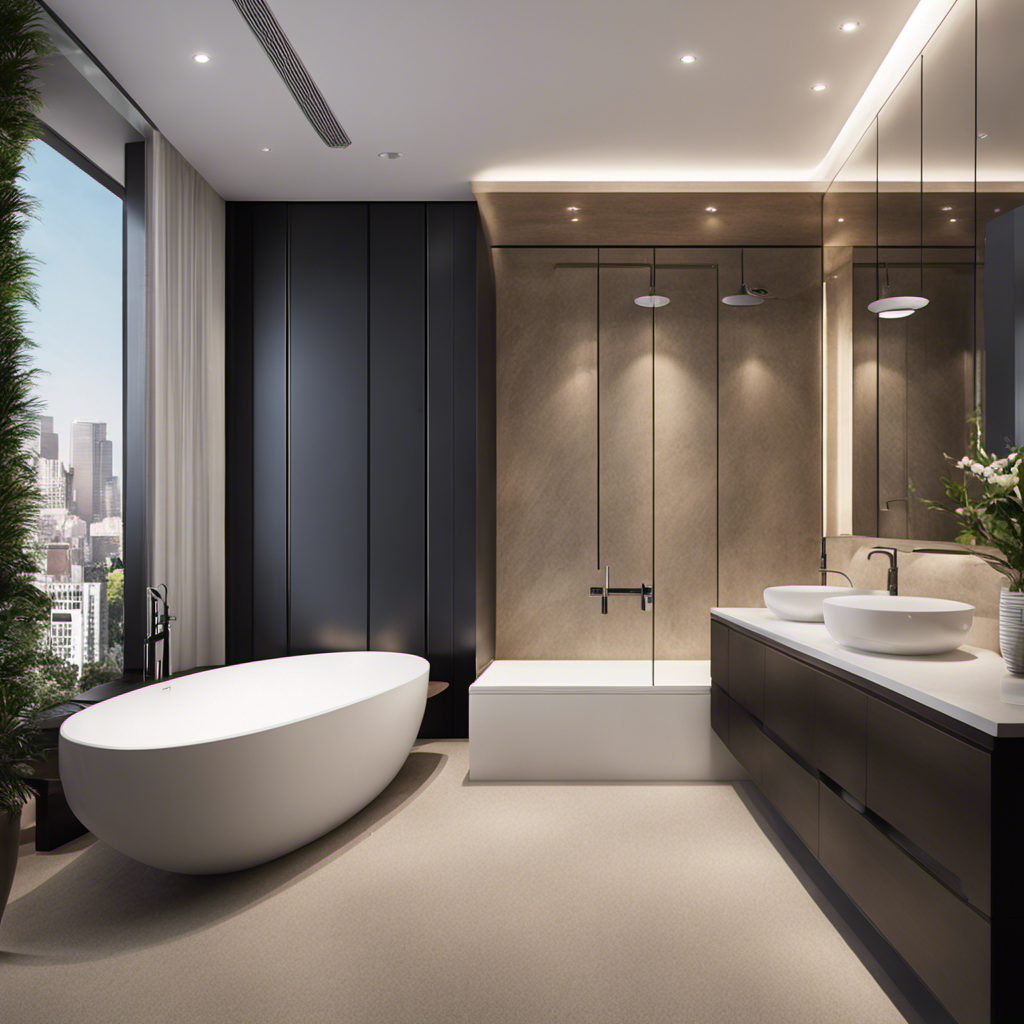 An image showcasing a spacious bathroom with a perfectly fitted alcove bathtub, featuring a sleek design, comfortably accommodating a person in a relaxing position