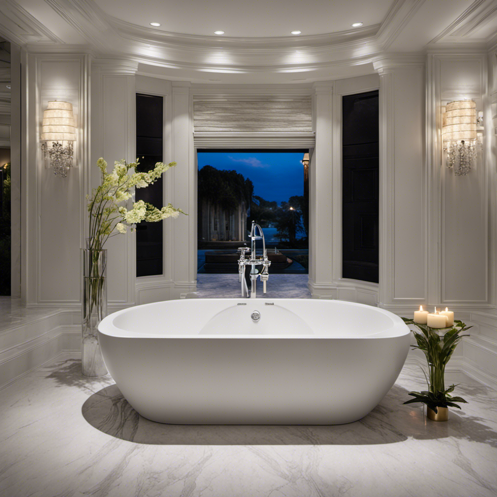 An image showcasing a luxurious alcove bathtub with a sleek, polished chrome faucet, surrounded by elegant marble tiles