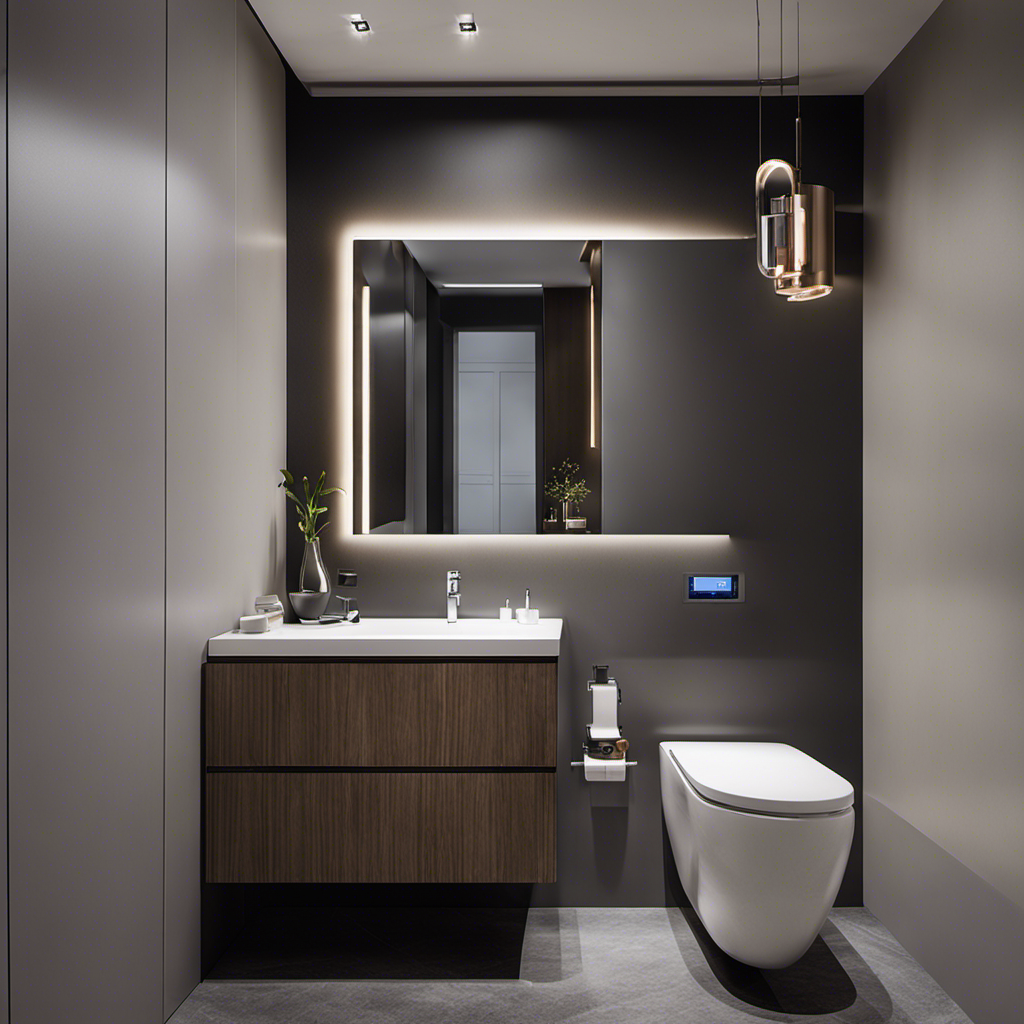 An image that showcases an incinerating toilet in action: a sleek, modern bathroom with a toilet unit emitting soft, controlled flames as waste is efficiently transformed into ash and odorless vapor