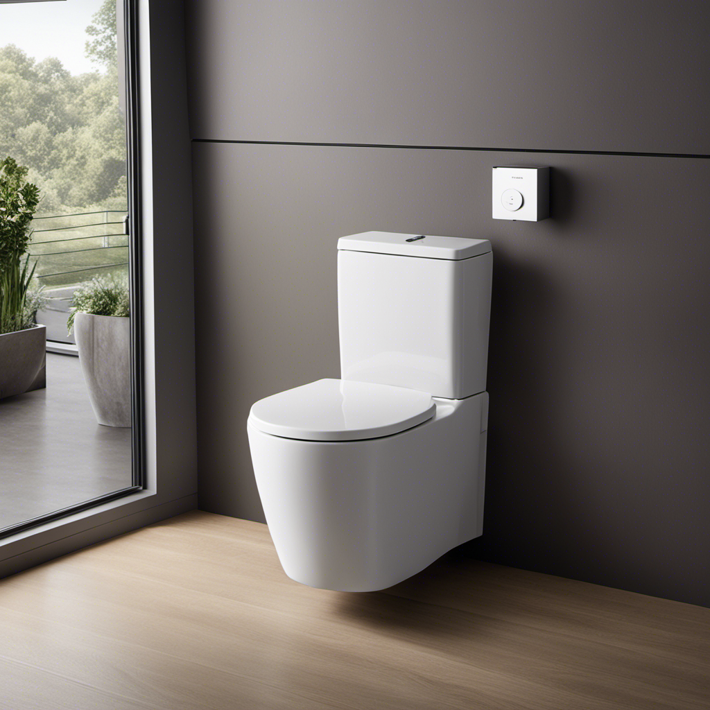 An image that showcases an upflush toilet, featuring a sleek, modern design with a slim tank attached to the wall, while a powerful mechanism efficiently pumps waste upwards through a concealed pipe system