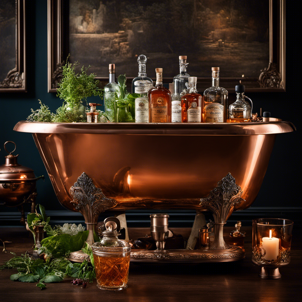 An image that captures the essence of "Bathtub Gin" - a visually striking scene depicting a vintage clawfoot bathtub filled with steaming, botanical-infused liquid, surrounded by an array of old-fashioned glass bottles, copper distilling equipment, and fragrant botanicals