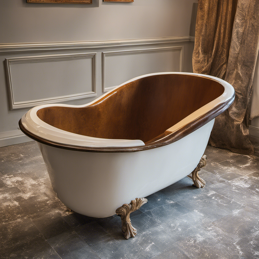 An image showcasing a worn-out bathtub being meticulously restored to its former glory through the process of bathtub refinishing