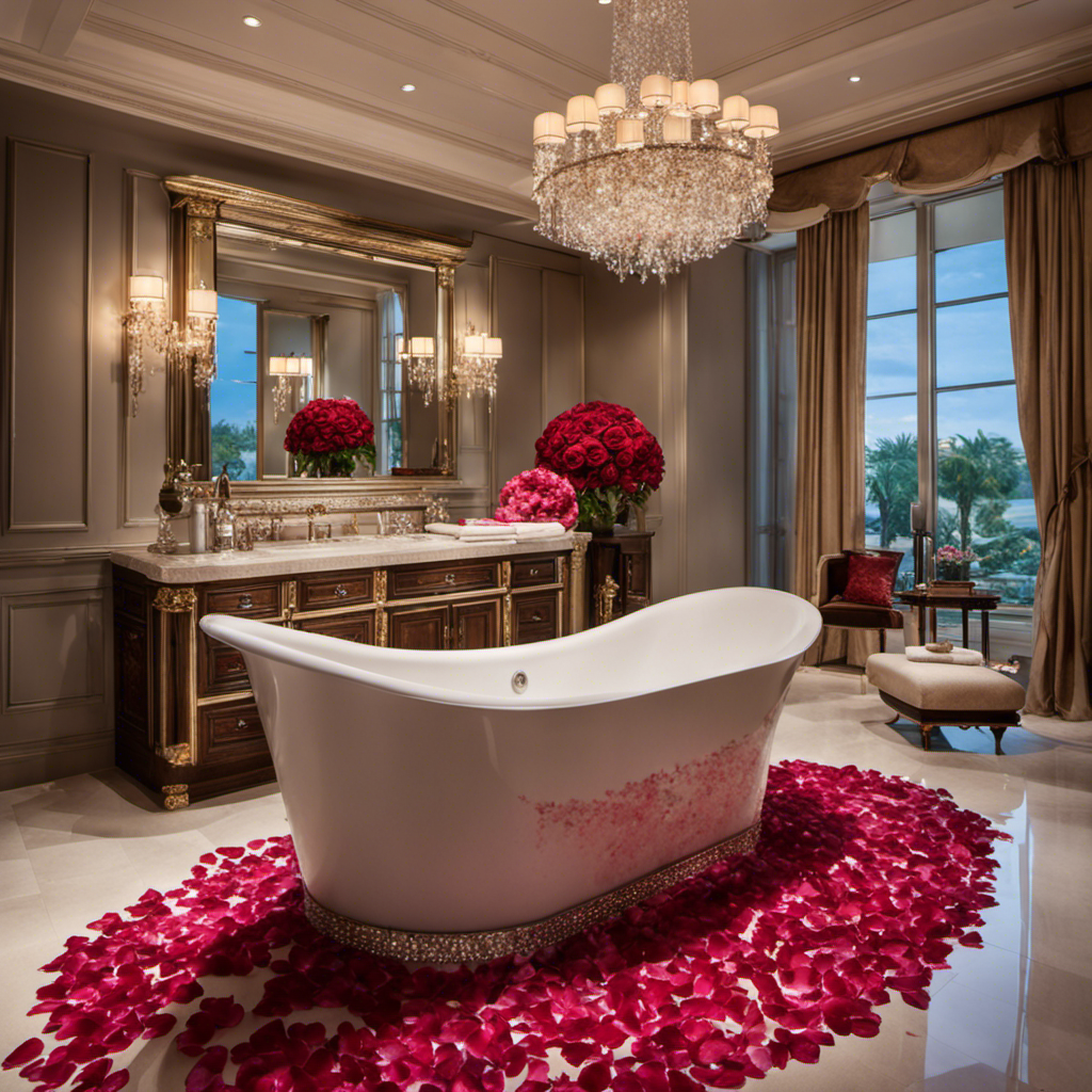 A visually captivating image showcasing a spacious, porcelain bathtub nestled beneath a sparkling crystal chandelier, adorned with fragrant rose petals, surrounded by plush towels and bath products, exuding an ambiance of relaxation and luxury