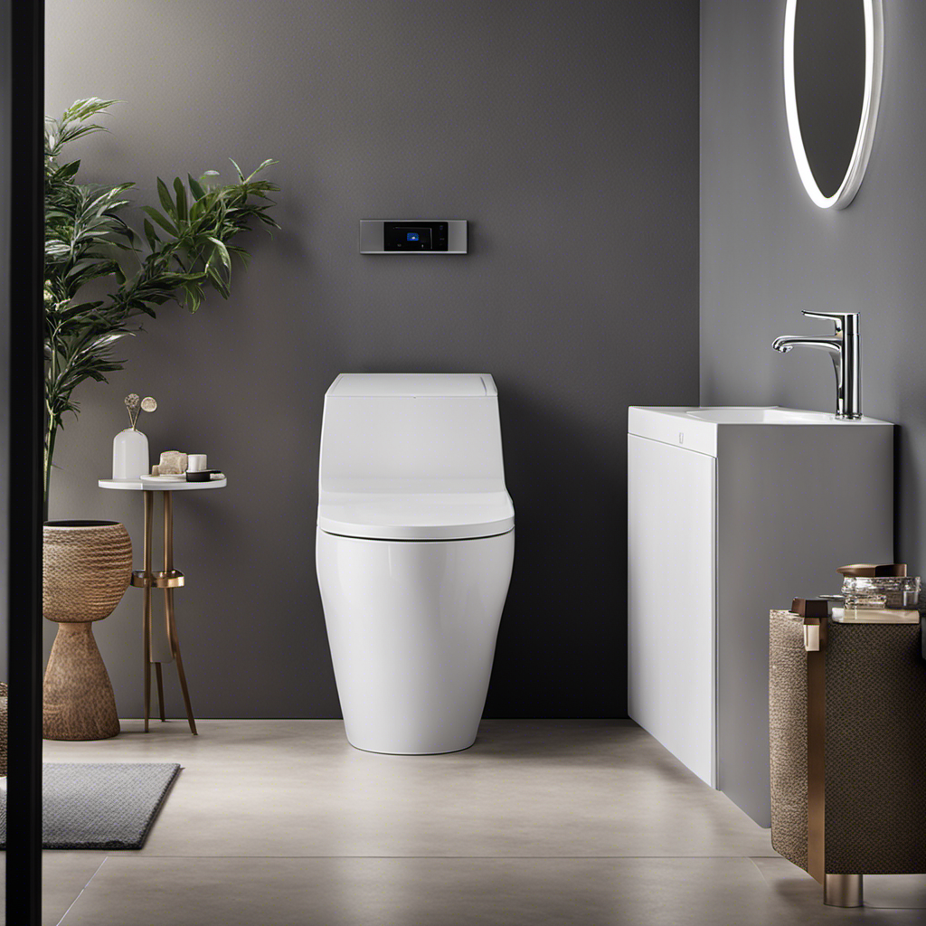 An image that showcases the elegance of a bidet toilet: a sleek, modern bathroom with a luxurious bidet featuring temperature control, adjustable settings, and a gentle water spray, complemented by soft ambient lighting