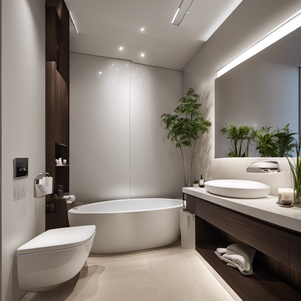 An image showcasing a modern bathroom with a sleek, white chair height toilet