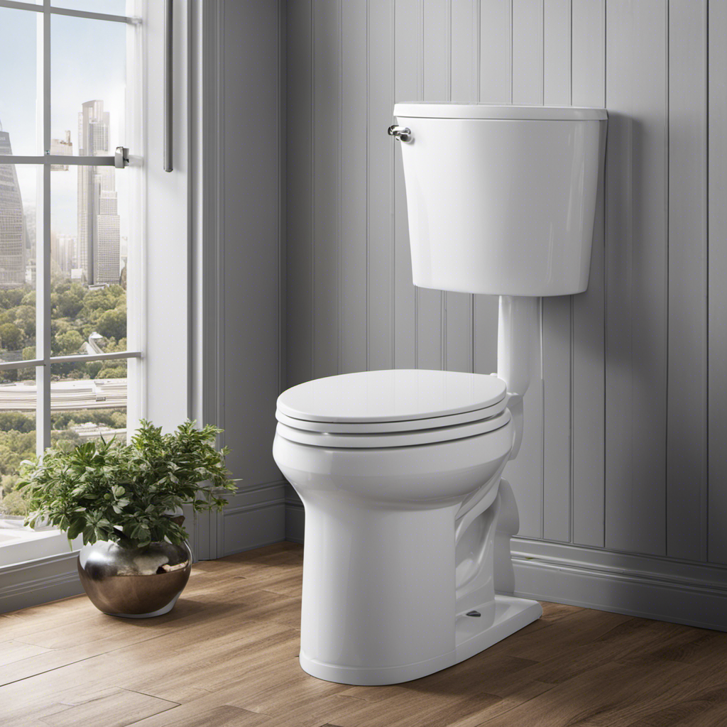 An image showcasing a person comfortably sitting on a toilet, highlighting the specific dimensions of a comfort height toilet by emphasizing the increased seat height and ergonomic design for enhanced comfort and accessibility
