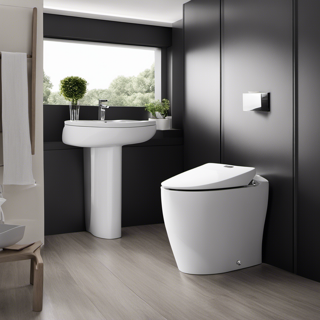An image showcasing a sleek dual flush toilet in a modern bathroom setting