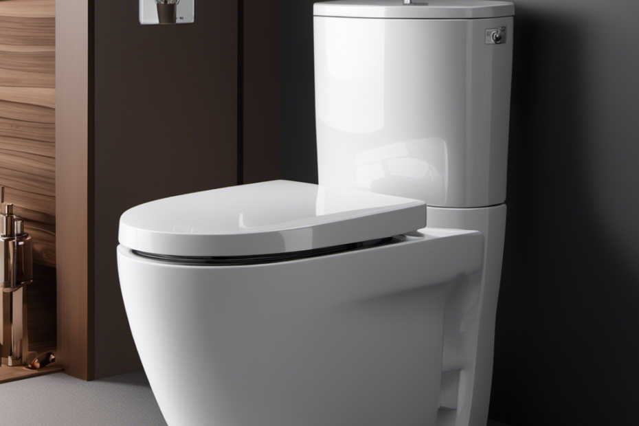 An image featuring a close-up shot of a sleek, modern toilet with a visible water tank, accompanied by an animated graphic illustrating the intricate inner workings of the GPF (gallons per flush) mechanism