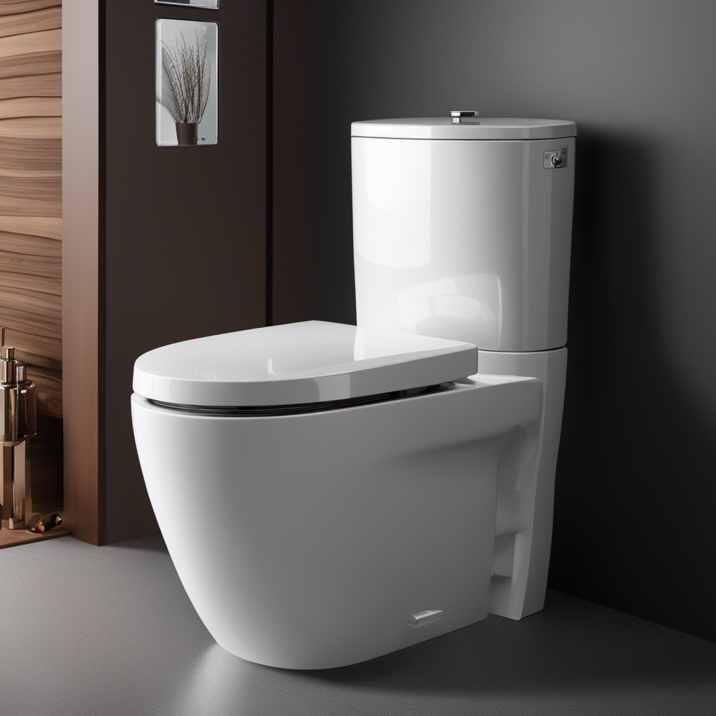 An image featuring a close-up shot of a sleek, modern toilet with a visible water tank, accompanied by an animated graphic illustrating the intricate inner workings of the GPF (gallons per flush) mechanism