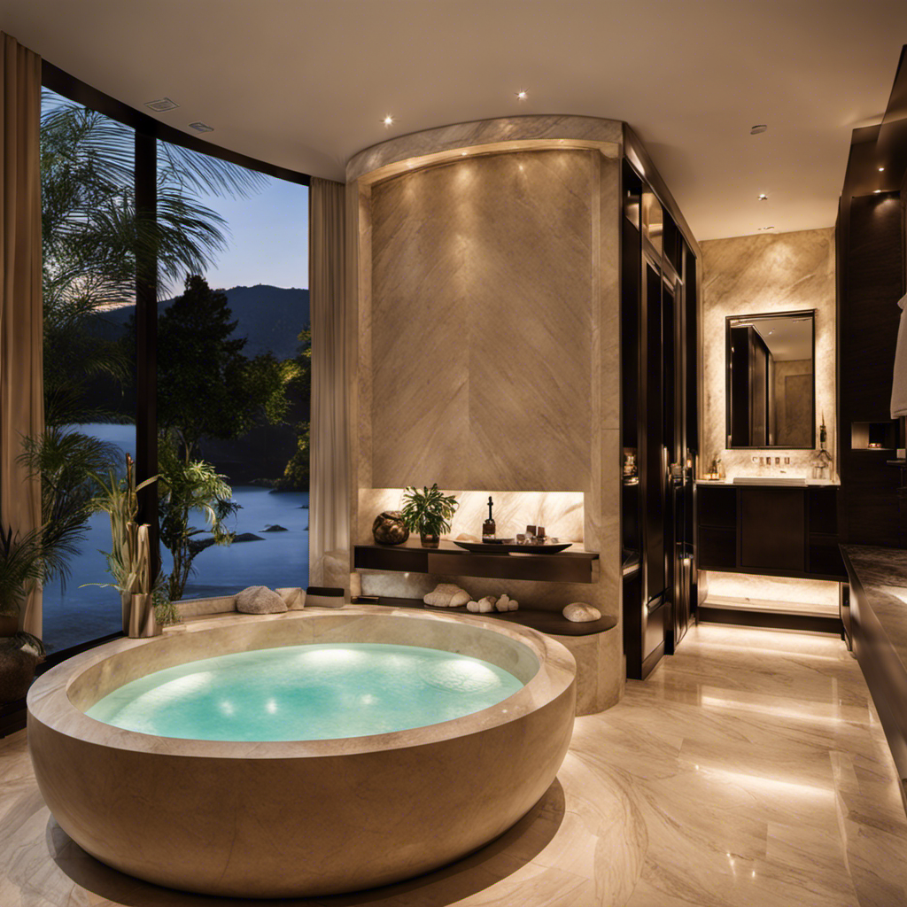 An image showcasing a luxurious bathroom with a spacious, round, and jet-filled jacuzzi bathtub