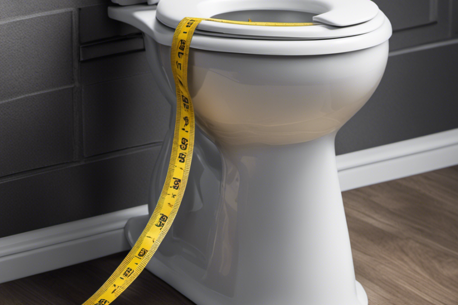 An image showcasing a close-up view of a toilet with a measuring tape laid across the bowl, clearly indicating the rough size
