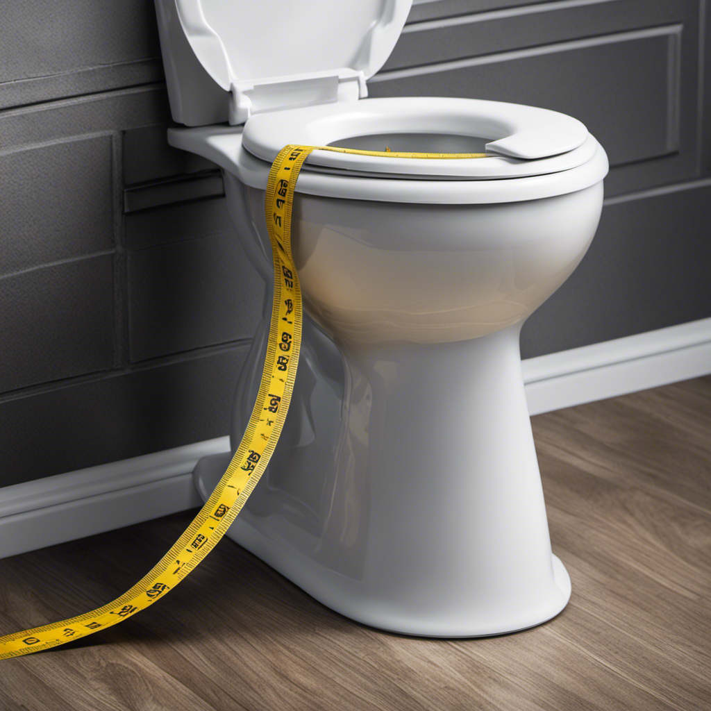 An image showcasing a close-up view of a toilet with a measuring tape laid across the bowl, clearly indicating the rough size