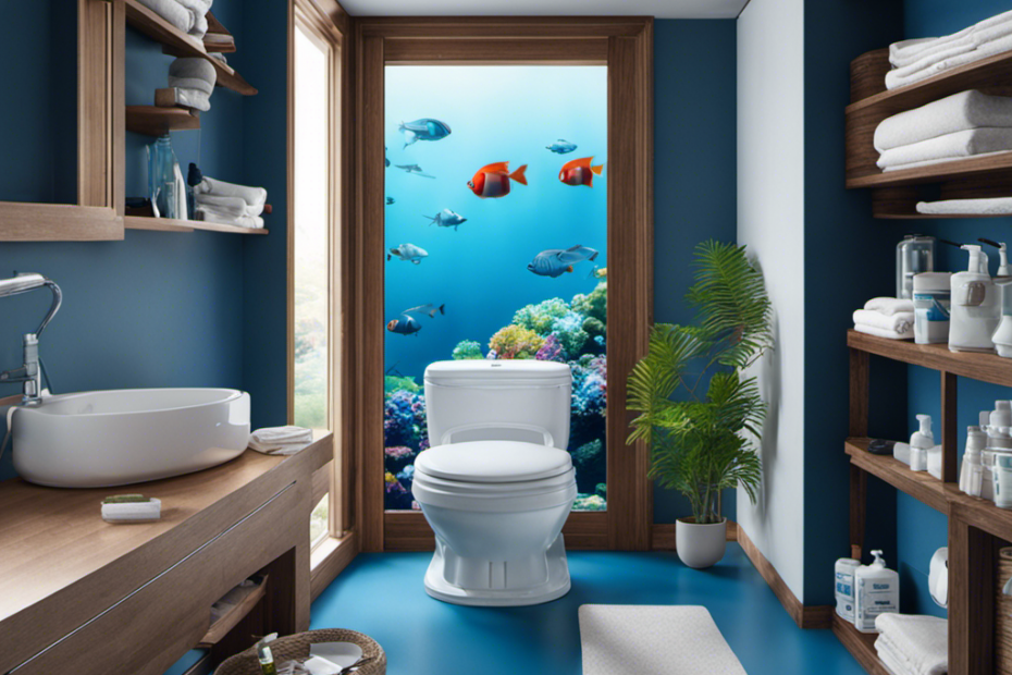 An image showcasing a toilet tank filled with approved items: a labeled bottle of blue toilet cleaner, a toilet flapper, a water-saving device, and a small fish-shaped buoy to prevent overflow