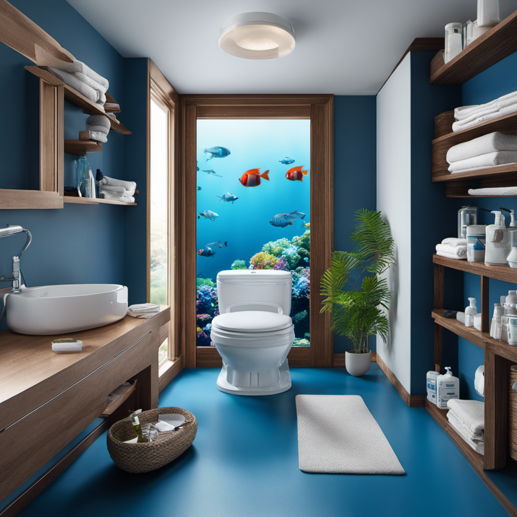 An image showcasing a toilet tank filled with approved items: a labeled bottle of blue toilet cleaner, a toilet flapper, a water-saving device, and a small fish-shaped buoy to prevent overflow