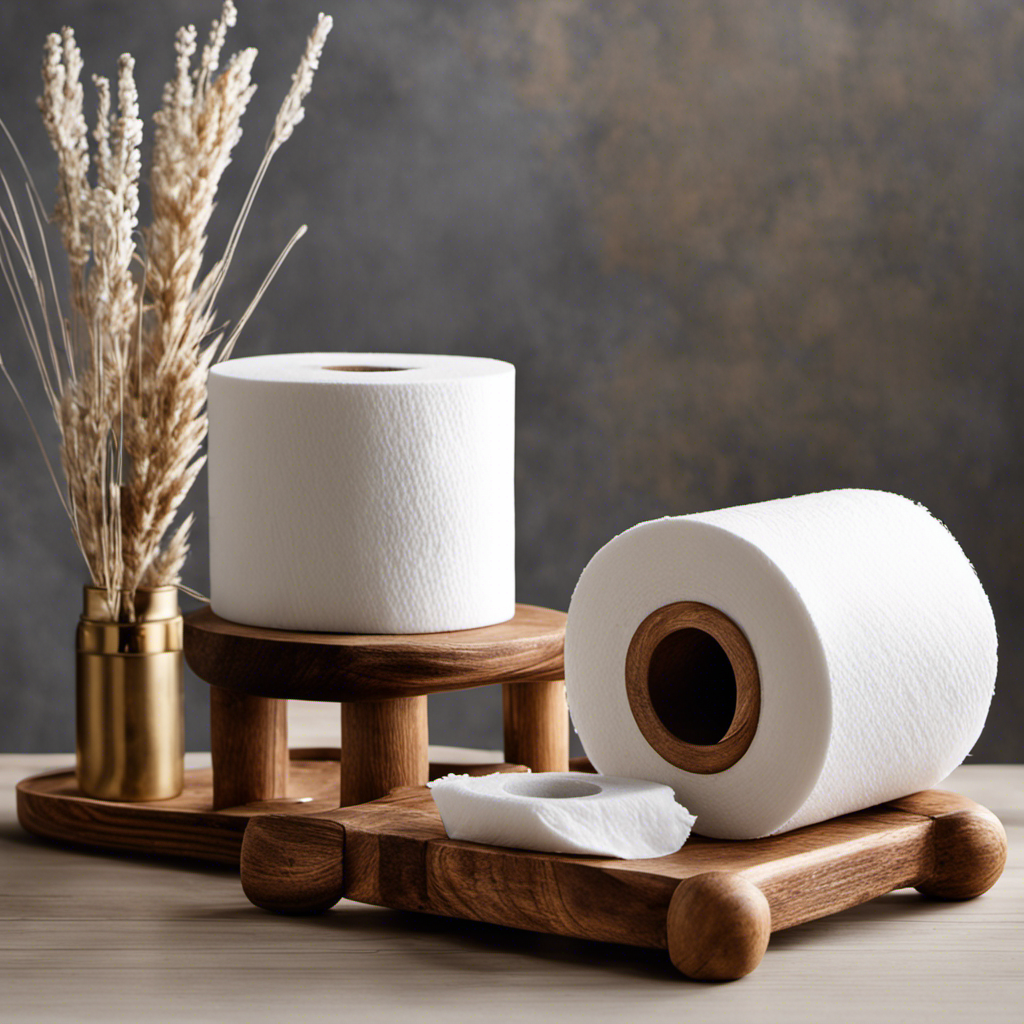 An image showcasing a serene bathroom scene with a rustic wooden toilet paper holder, adorned with a roll of biodegradable toilet paper, emphasizing its septic-safe qualities