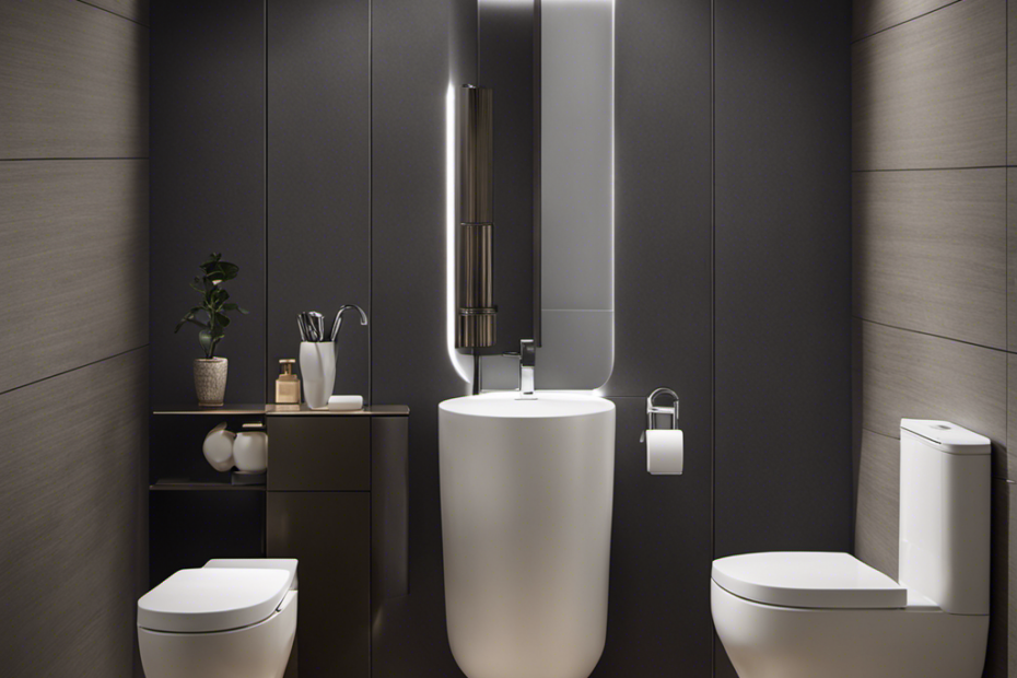An image showcasing a bathroom setting with a standard height toilet