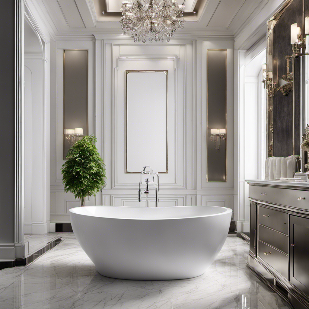 An image showcasing a spacious bathroom with a sleek, white porcelain bathtub adorned with elegant chrome fixtures