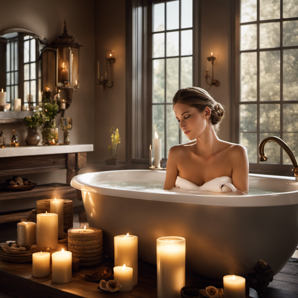 An image showcasing a serene bathroom scene with a woman lying comfortably in a bathtub filled with warm, aromatic water, surrounded by flickering candles, soft towels, and a relaxing spa ambiance