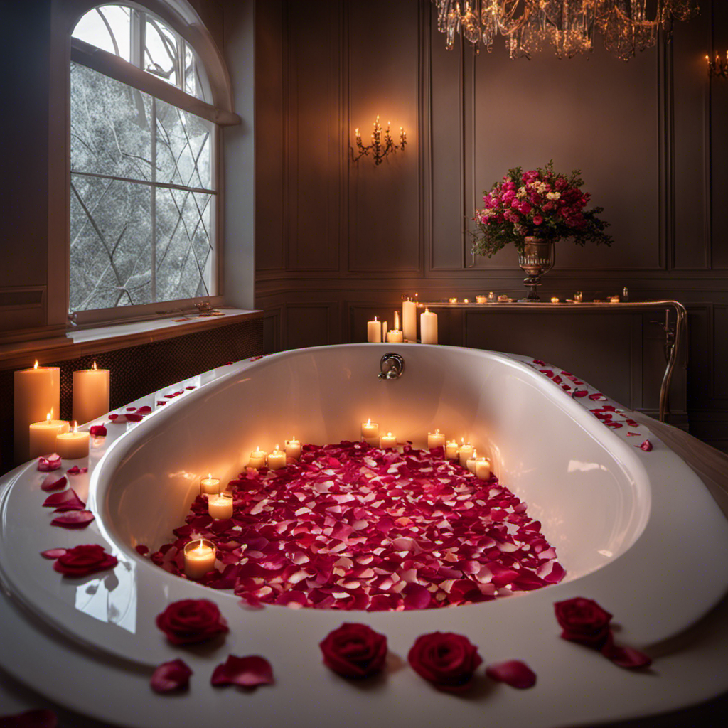 An image capturing the essence of the "Bathtub Trick": a serene bathroom scene with a partially filled bathtub, adorned with rose petals and surrounded by flickering candles, evoking an atmosphere of relaxation and self-care