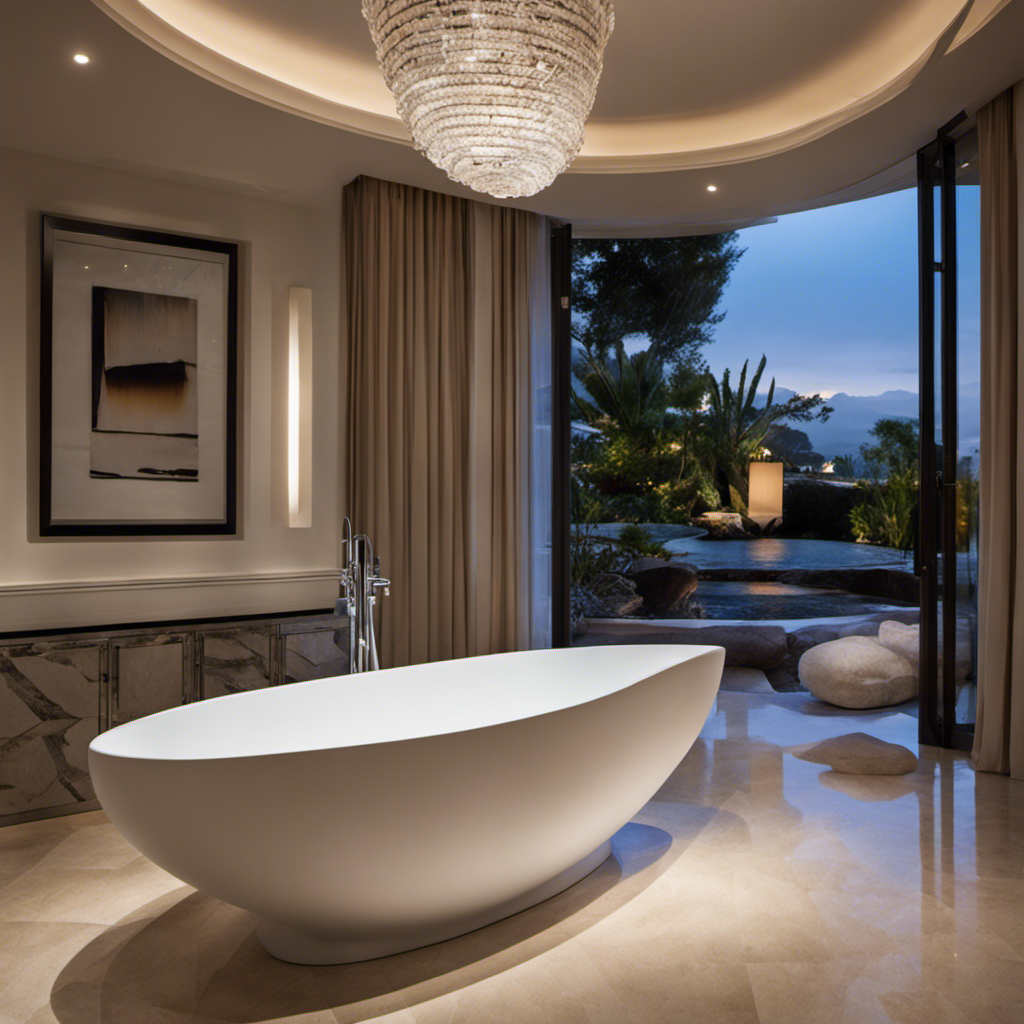 An image capturing a sleek, freestanding white bathtub with elegant curved edges, adorned with chrome fixtures and surrounded by natural stone tiles