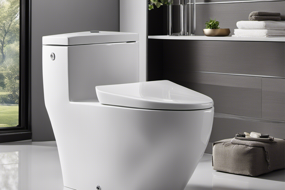 An image showcasing a pristine, modern bathroom with a sleek, elongated toilet in glossy white porcelain