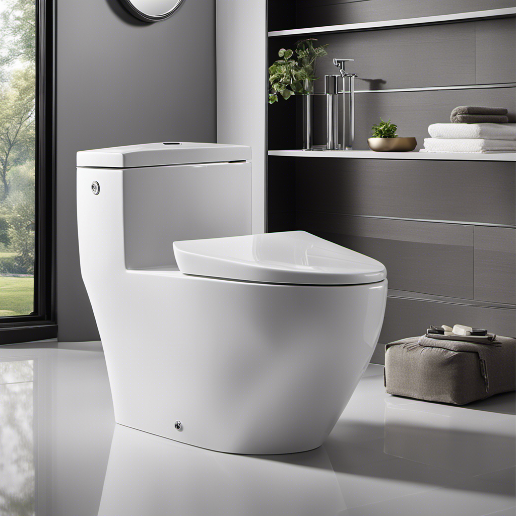 An image showcasing a pristine, modern bathroom with a sleek, elongated toilet in glossy white porcelain
