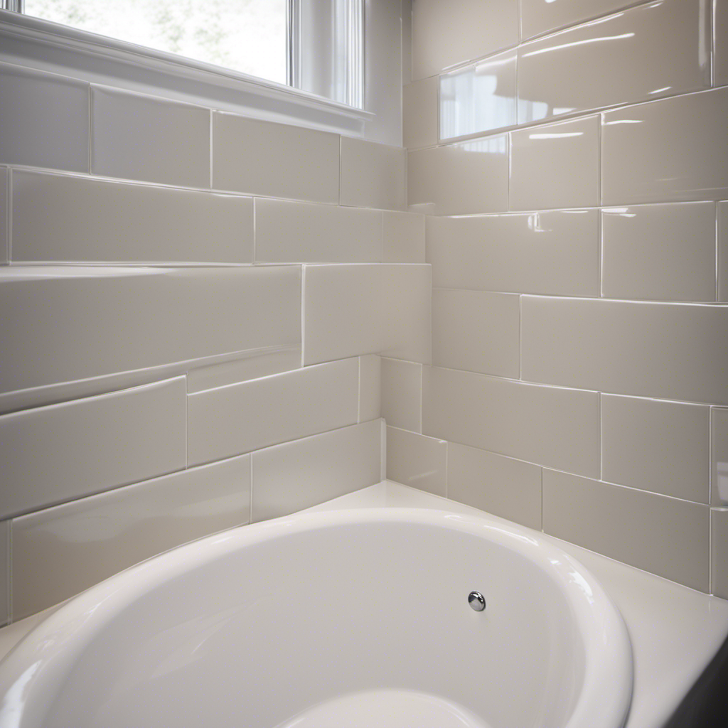 An image showcasing a close-up of a perfectly sealed bathtub corner, with a smooth, white caulk line forming a seamless barrier between the bathtub and the tiled wall