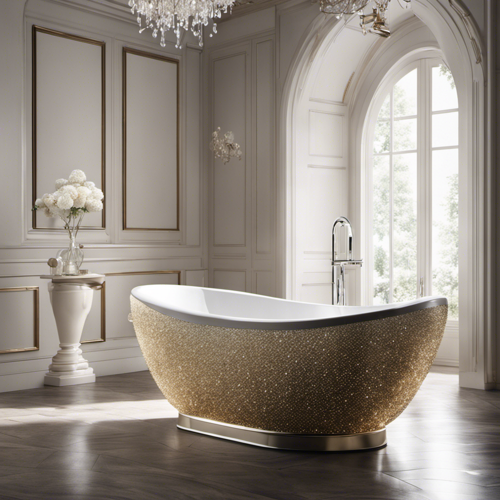 An image showcasing a gleaming white, freestanding bathtub filled to the brim with crystal-clear water, adorned with delicate bubbles forming a frothy layer on its surface