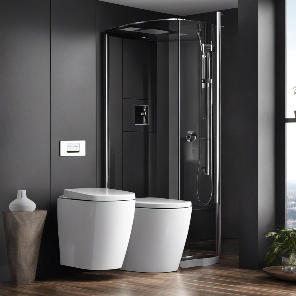 An image showcasing a sleek, modern bathroom with a cutting-edge flushing toilet