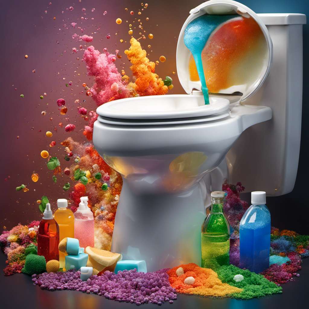 An image of a sparkling clean toilet bowl, overflowing with various liquids such as vinegar, baking soda, dish soap, and bleach, each represented by distinct colors, illustrating the diverse options for unclogging toilets