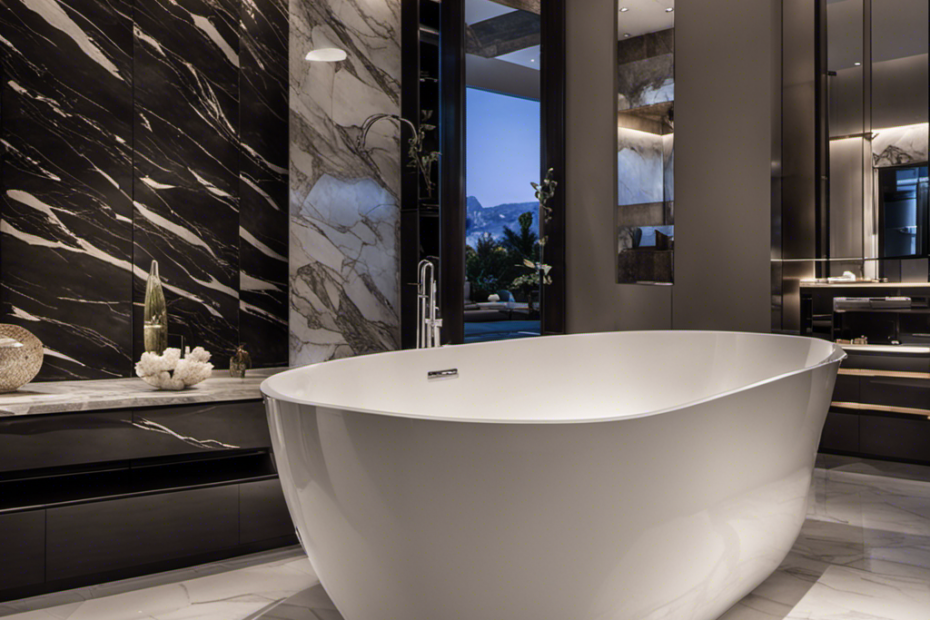 An image showcasing a luxurious bathroom with a sleek, modern bathtub made of glossy white porcelain, perfectly complemented by chrome fixtures, marble tiles, and soft ambient lighting