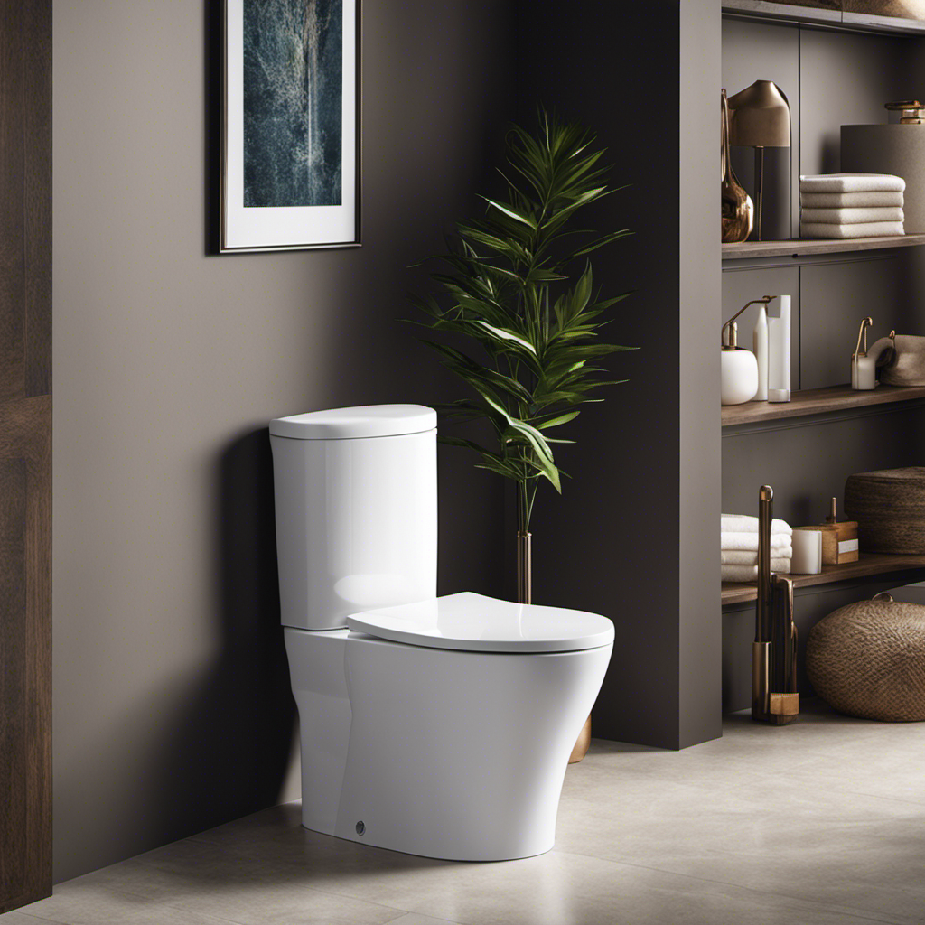 An image showcasing a modern, sleek bathroom with a top-of-the-line toilet as the focal point