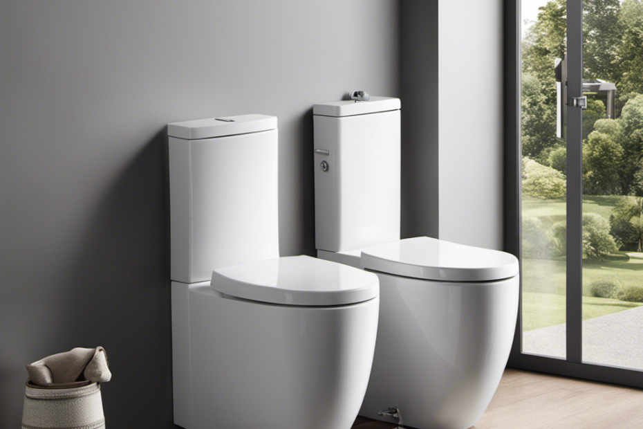 An image showcasing a modern bathroom with a sleek, wall-mounted toilet adorned with a comfortable, ergonomic seat