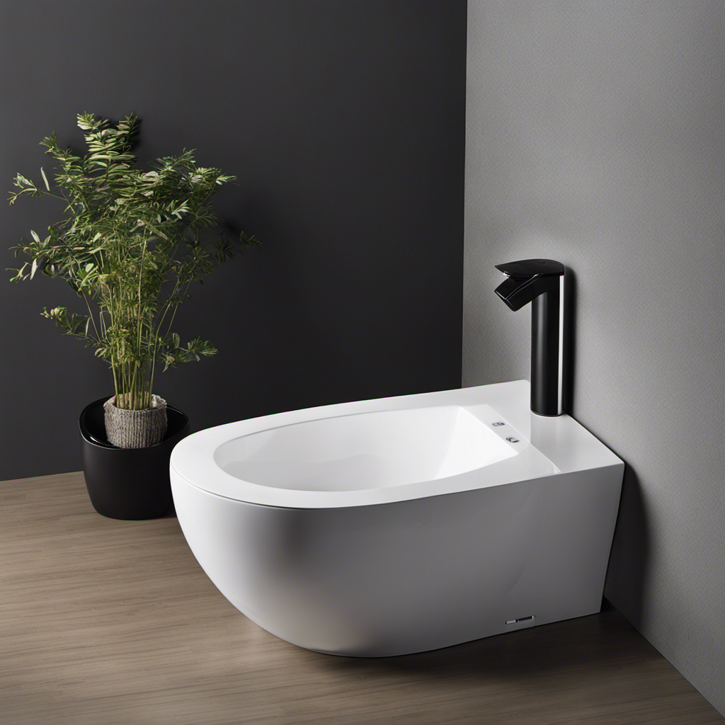 An image showcasing a sleek, modern bathroom with a state-of-the-art, minimalist toilet at its center