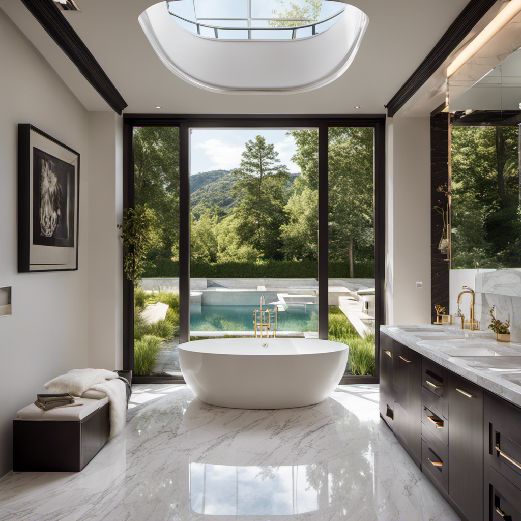 An image showcasing a luxurious bathroom with a sleek, freestanding soaking tub made from glossy white porcelain