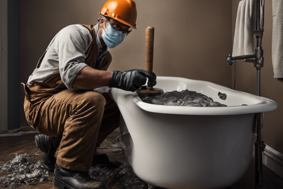 An image of a person wearing protective gloves, holding a plunger, kneeling beside a bathtub