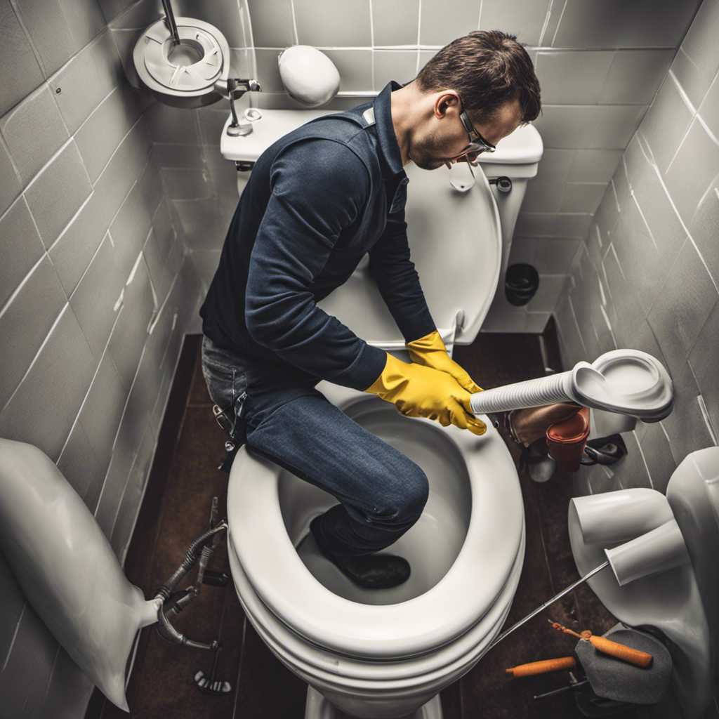 An image showcasing a person wearing rubber gloves, holding a plunger, and exerting force on a toilet bowl