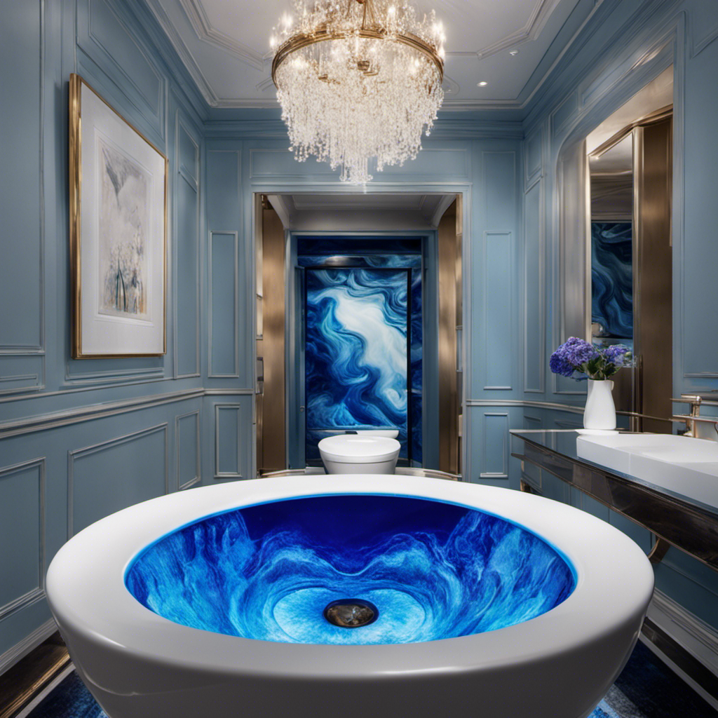 An image capturing a pristine white toilet bowl filled with clear water while a vibrant, electric blue dye slowly disperses, swirling mesmerizingly, evoking intrigue and curiosity about its purpose in drug testing