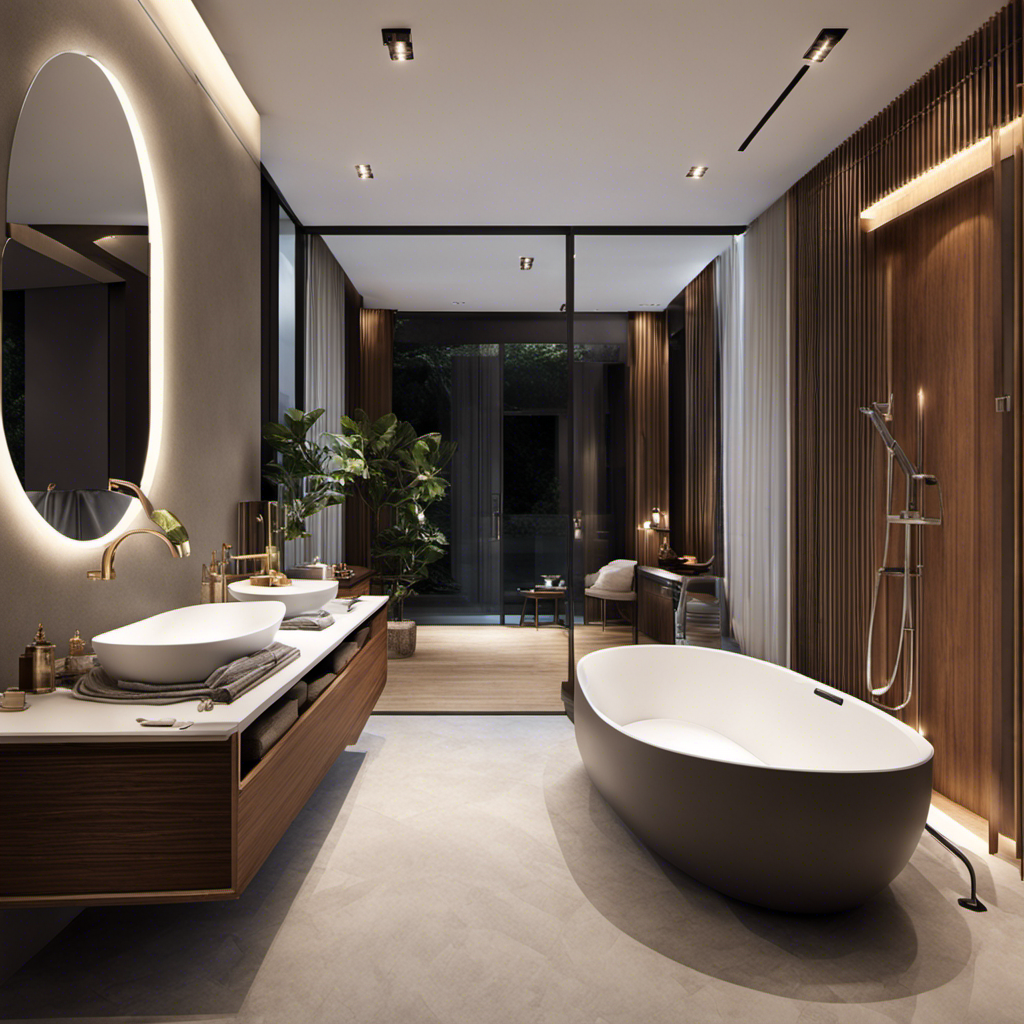 An image showcasing a spacious bathroom with a sleek, modern bathtub