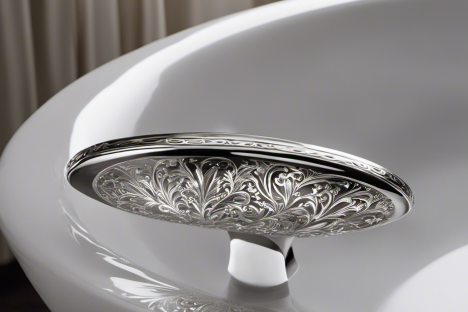 An image capturing a close-up of a sleek, silver drain stopper with intricate engravings, perfectly fitted into the shiny, porcelain bathtub