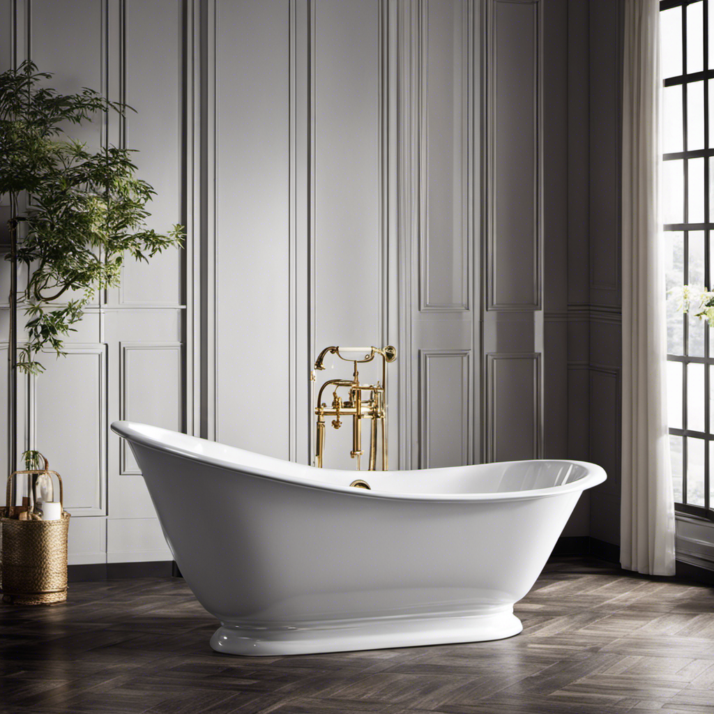 An image showcasing a sleek, modern bathtub made of cast iron, coated with a glossy porcelain enamel finish